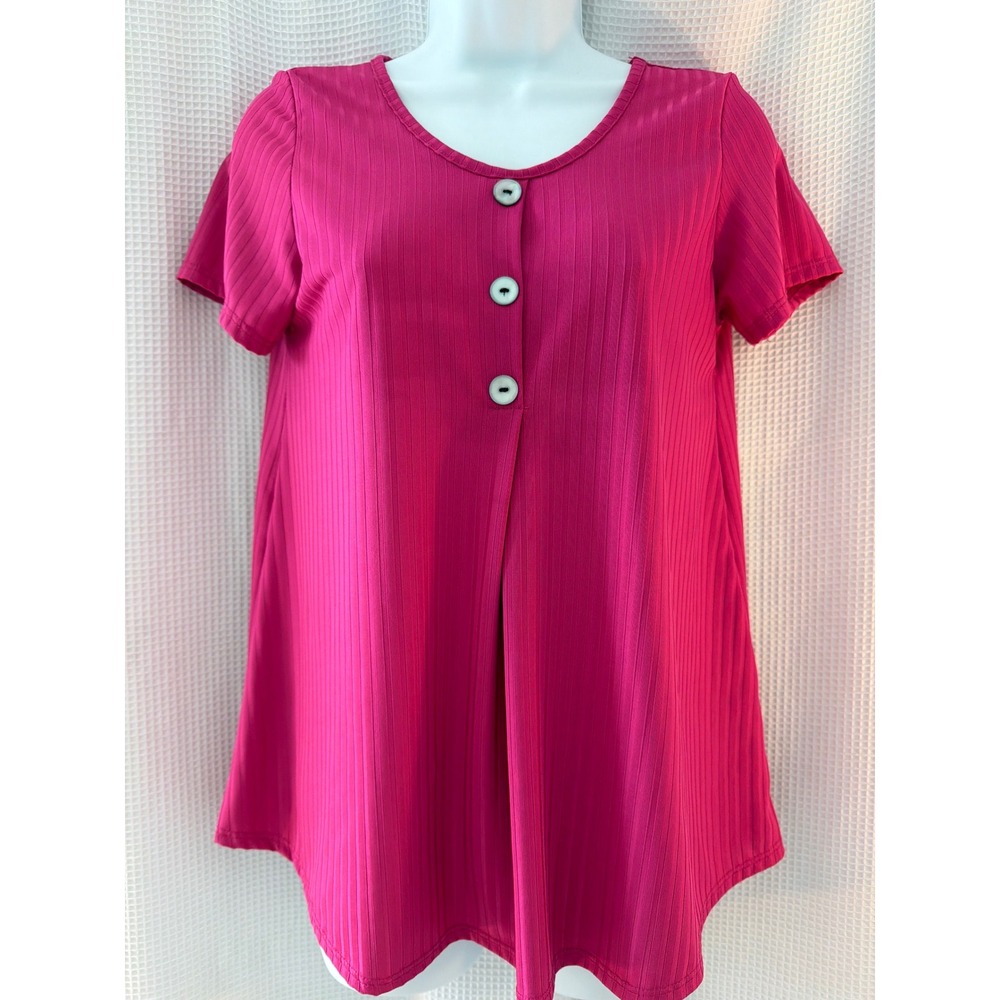 Star Vixen Womens Magenta Pink Ribbed Button Front Short Sleeve Tunic Top Small